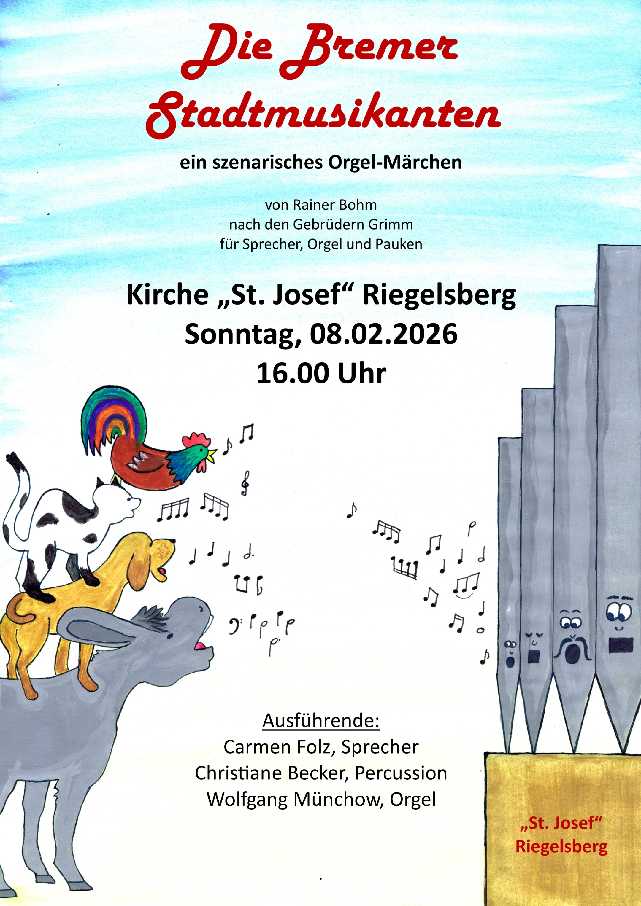 Hahn, Katze, Hund, Esel gegenüber Orgelpfeifen