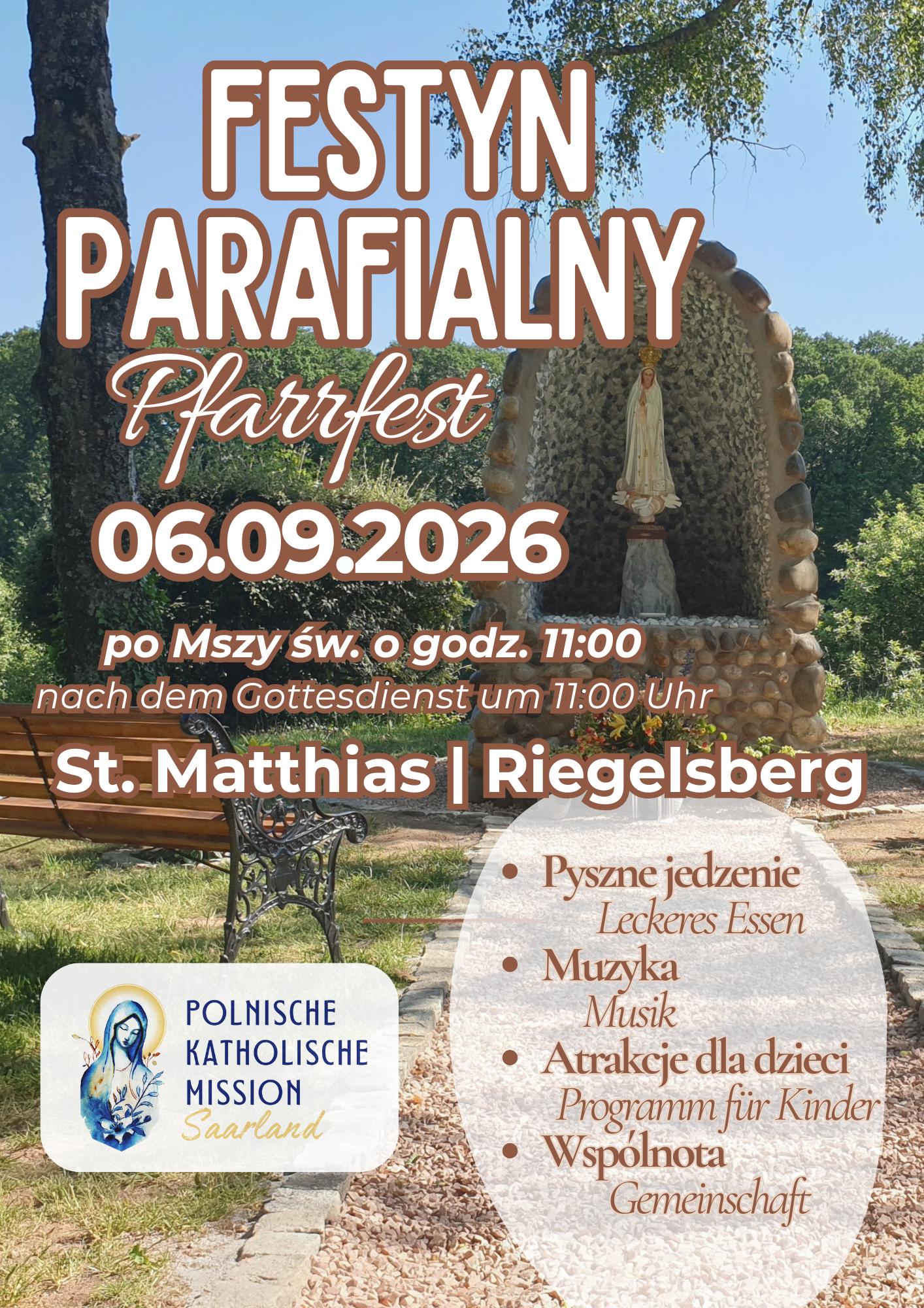Einladungsplakat zum polnischen Pfarrfest, es zeigt im Hintergund die Mariengrotte der Polen (c) PmK Einladungsplakat zum polnischen Pfarrfest, es zeigt im Hintergund die Mariengrotte der Polen