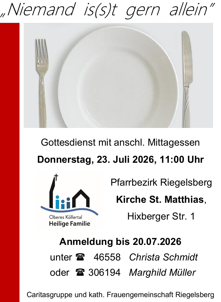 Einladung zum gemeinsamen Mittagessen, das Plakat zeigt einen Teller mit Besteck (c) kfd-Riegelsberg Einladung zum gemeinsamen Mittagessen, das Plakat zeigt einen Teller mit Besteck