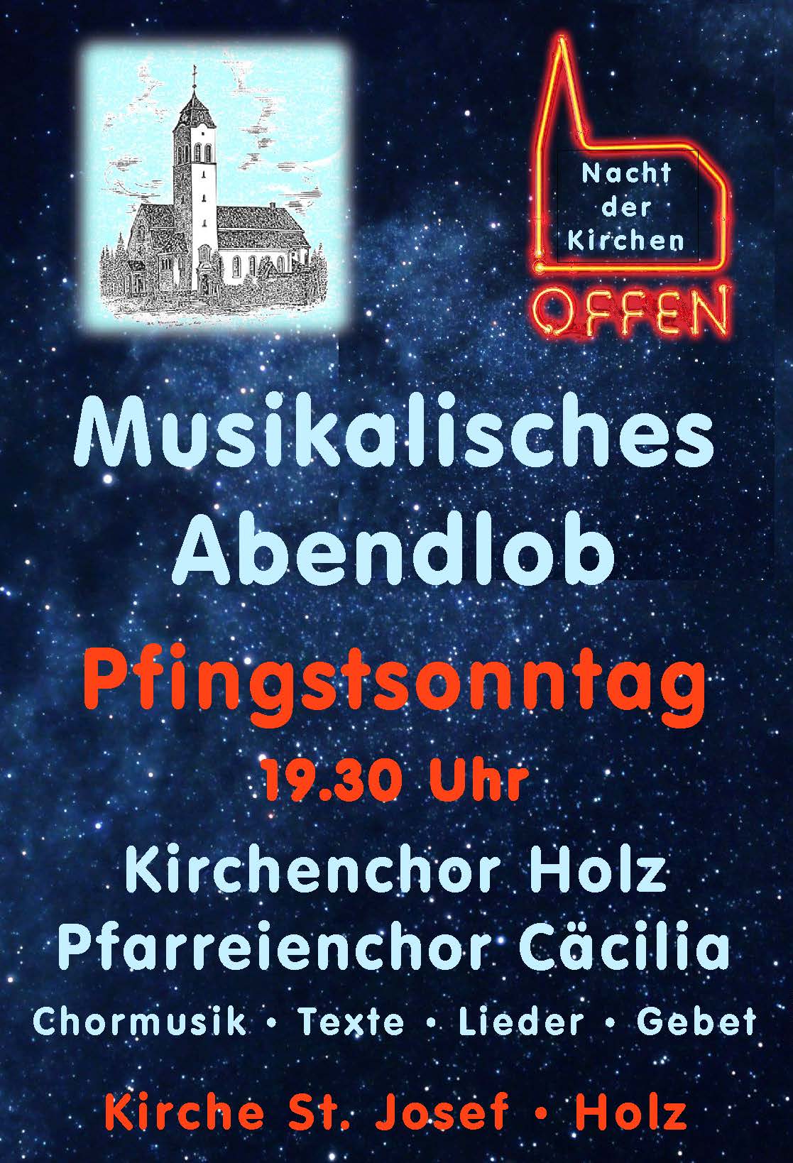 Das Plakat zeigt eine Zeichnung der Kirche in Holz. Einladung zur Nacht der offenen Kirche (c) CA Das Plakat zeigt eine Zeichnung der Kirche in Holz. Einladung zur Nacht der offenen Kirche