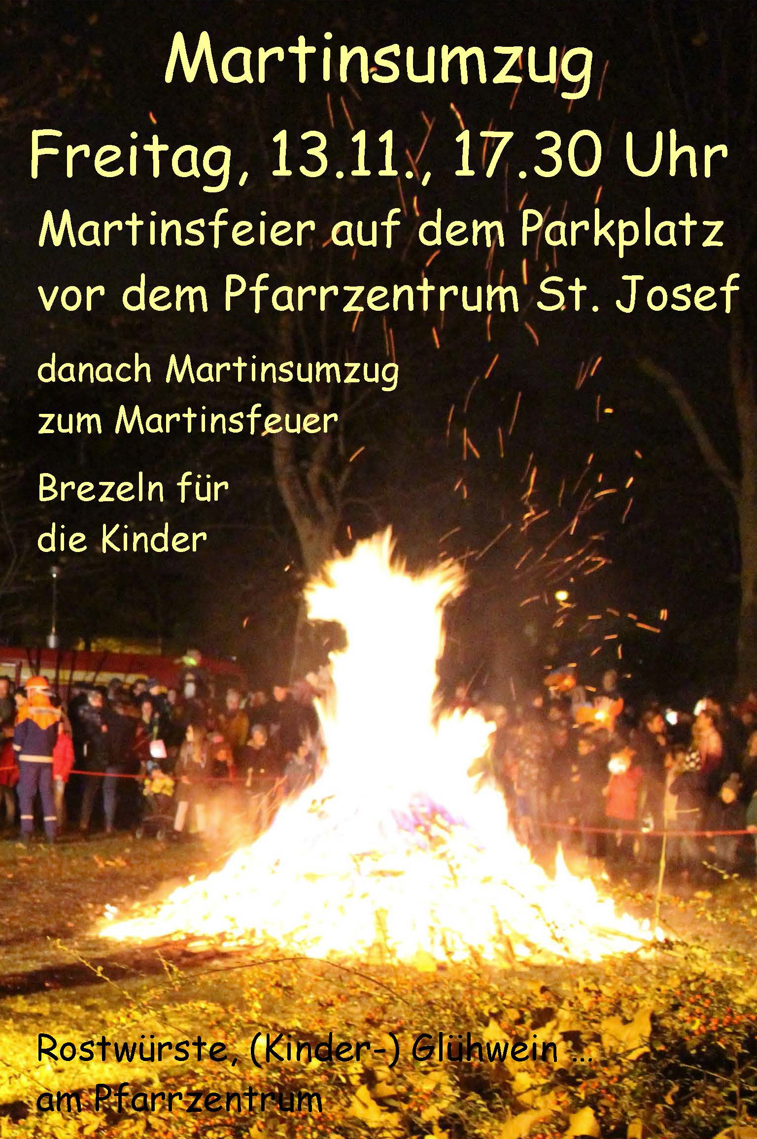 Das Plakat zeigt das Martinsfeuer. Um das Feuer steht Martin mit dem Pferd und Kinder