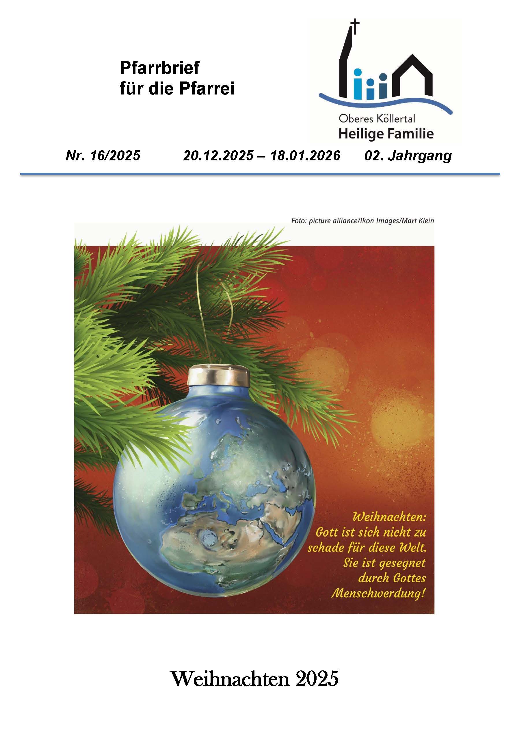 Kugel am Tannenzweig, Titelbild des Pfarrbriefes (c) obkhefa Kugel am Tannenzweig, Titelbild des Pfarrbriefes