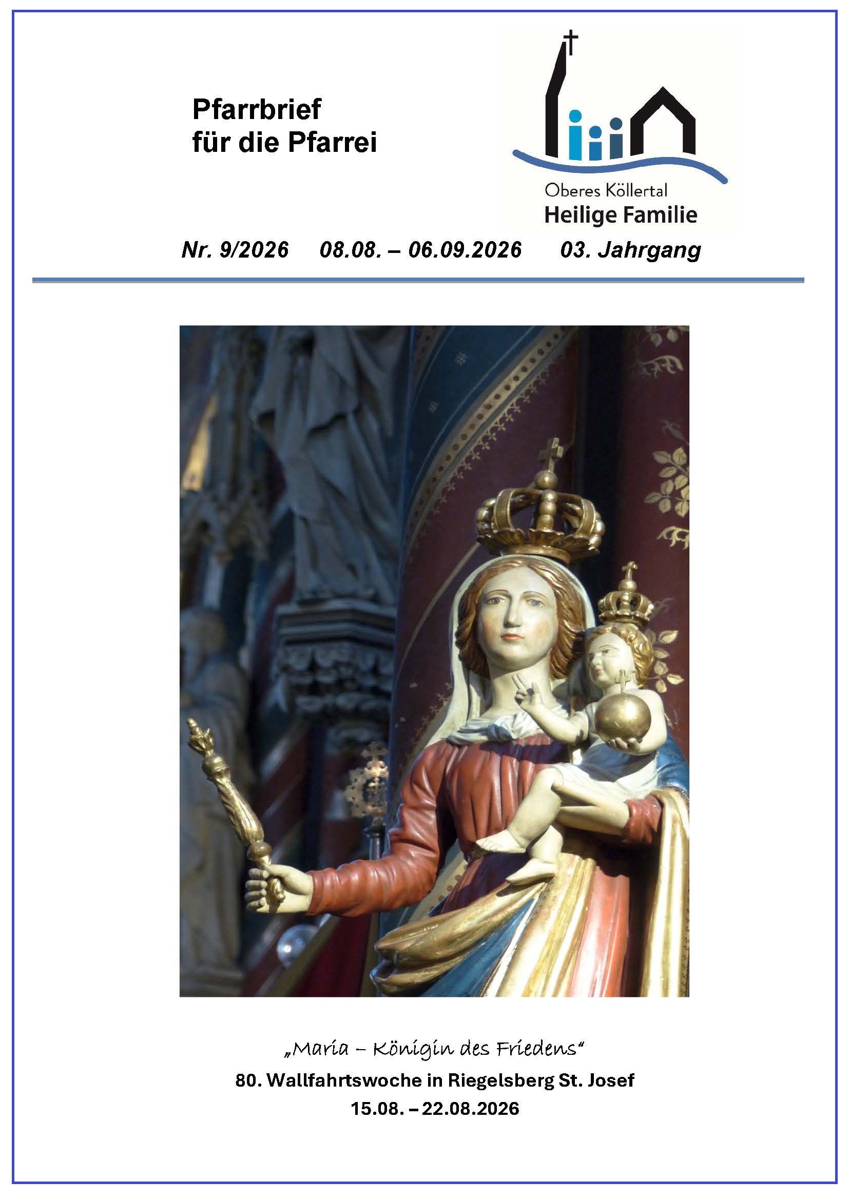 Der Pfarrbrief zeigt auf dem Titel Maria Königin mit Zepter, Krone und Jesuskind
