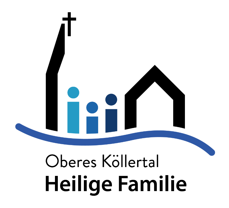 Man sieht eine Zeichnung mit angedeuteten Menschen in einer Kirche, darunter eine blaue, gewellte Linie und der Text Oberes Köllertal Heilige Familie