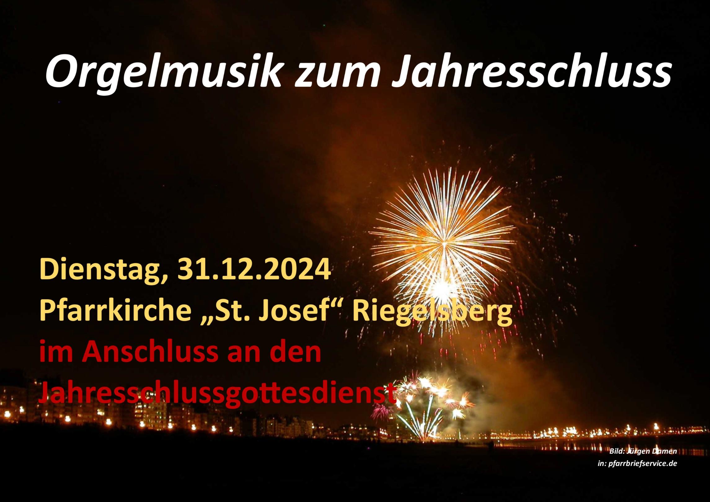 Einladung zur Orgelmusik zum Jahresschluss. Das Plakat zeigt ein Feuerwerk